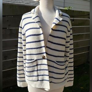 Ann Taylor Striped Cardigan Navy Blue Nautical Cozy Warm Hampton Academia